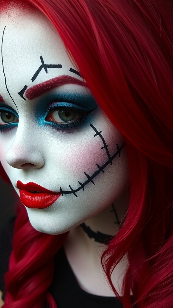 Close-up of a person with Sally makeup featuring stitched face, colorful eyeshadow, and red hair.